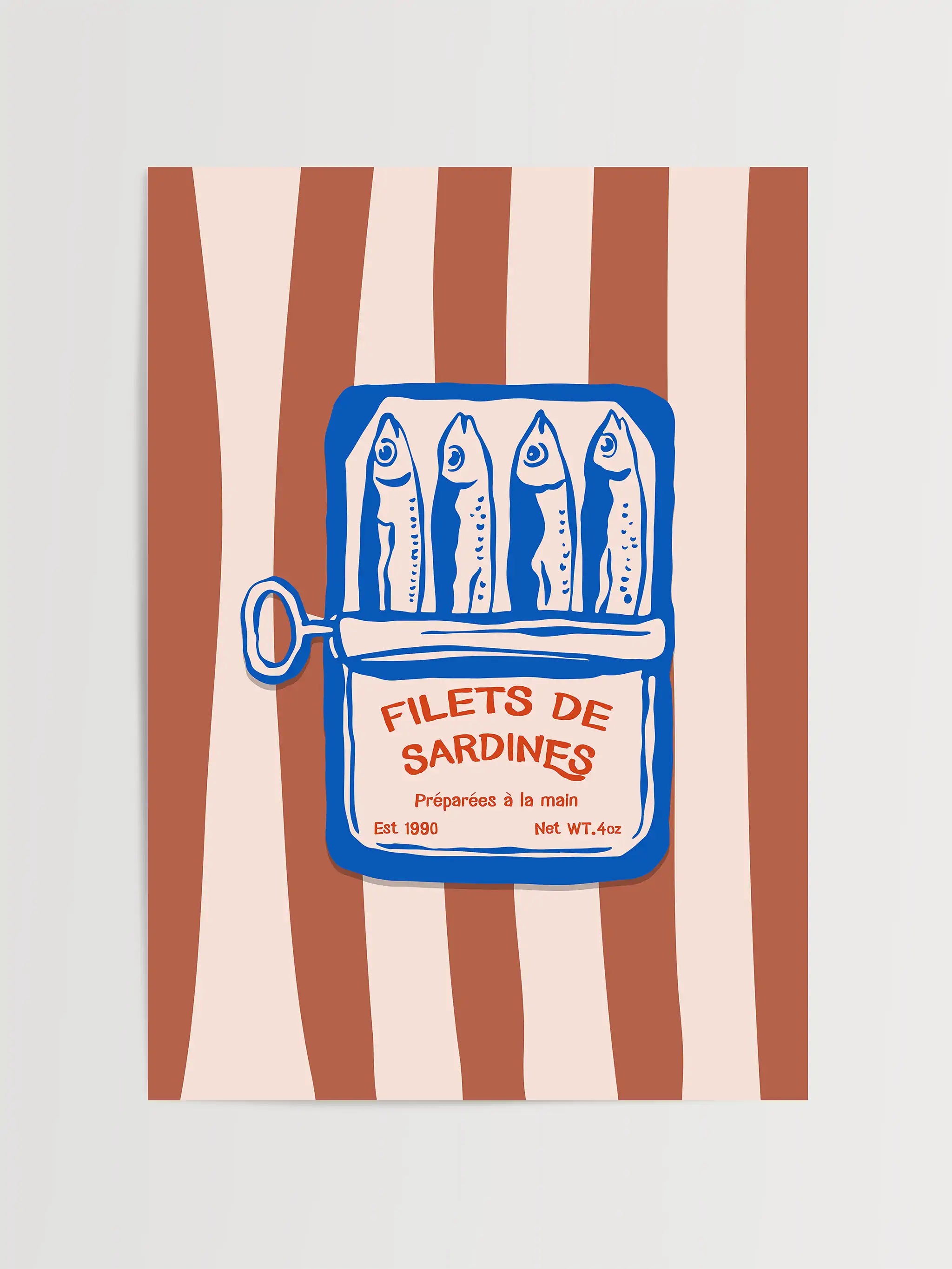 Retro-style sardine tin illustration with French text on a striped background